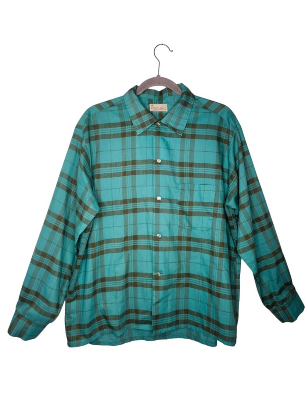 Vintage Sutton East Teal Blue Windowpane Plaid Button Up Lightweight Size 16